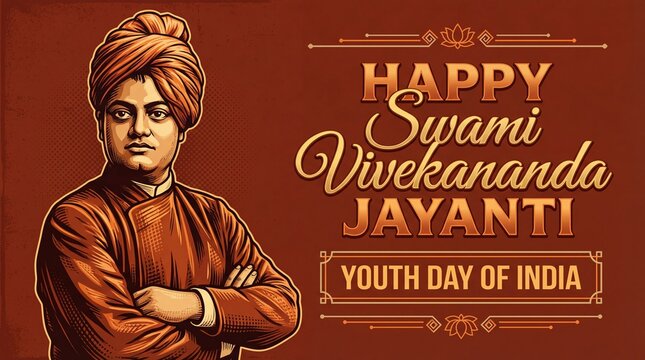 Swami Vivekananda illustration with folded arms on Youth Day of India celebration