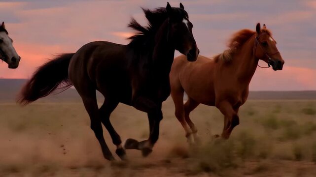 Wild Horses in the Sunset: A majestic scene unfolds as a group of wild horses gallop freely across an open plain under a vibrant sunset sky.