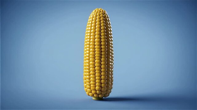 Close-up of a single ear of corn with bright yellow kernels against a solid blue background, highlighting texture and color contrast