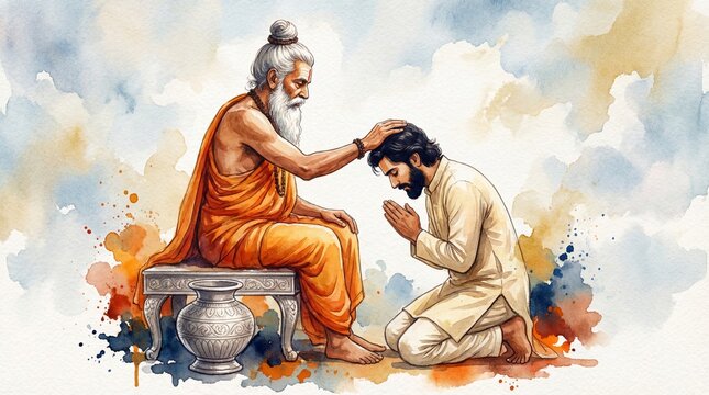 A serene guru seated on a stone bench blesses a kneeling devotee in a peaceful outdoor setting