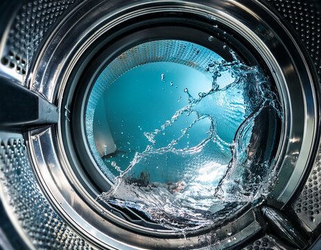 spinning laundry inside a washing machine with splashes of water detailed interior view laundry wash cleaning action