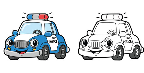 Cartoon police car character vector illustration with black and white coloring page outline. Cute funny anthropomorphic vehicle for kids education and design projects. © MstTabassum