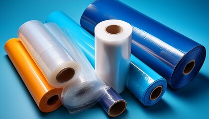 Fototapeta premium various plastic packaging film rolls on a blue background