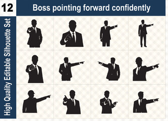 Silhouette set of a confident boss pointing forward, representing leadership, vision, professional guidance, and the path to corporate success.