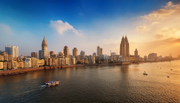 skyline of mumbai featuring architectural highlights urban cityscape with waterfront view during golden hour