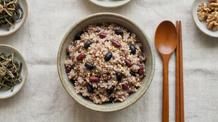 Top View of Korean Ogokbap with Wooden Spoon