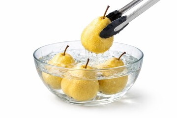 Yellow pears arranged in smooth color gradient from pale to deep golden minimalist still life with copy space isolated on white