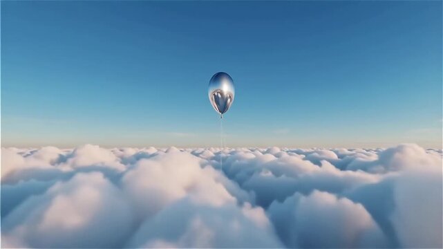 A solitary silver hot air balloon floating above a sea of fluffy clouds on a clear blue sky day, evoking a sense of freedom and adventure