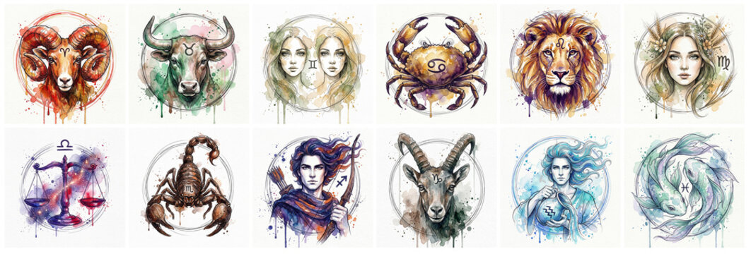 Сollage of the twelve zodiac signs, watercolor and ink wash. Wet-on-wet technique with soft blends, artistic splatters, and drips. For astrology posters, horoscopes, calendars, tarot.