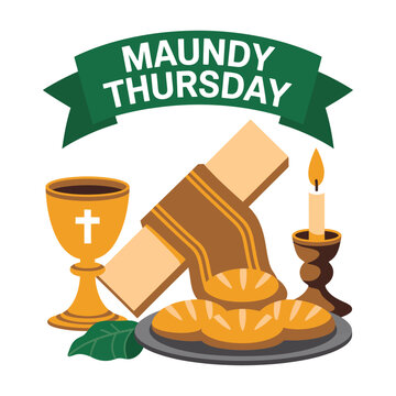 A colorful illustration of a Maundy Thursday celebration with bread, wine, and candle