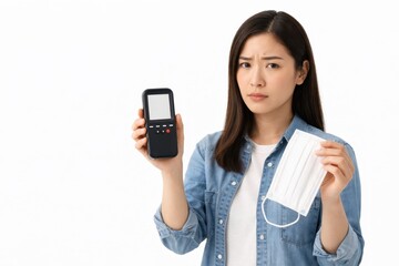 Young asian woman holding fingerprint scanner and blank tablet verification screen biometric security concept isolated on white