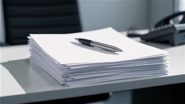 A stack of blank papers with a silver pen on a modern office desk, featuring a blurred background of a professional workspace
