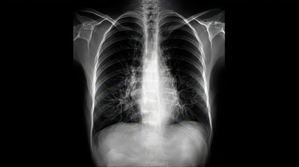Lung x-ray showing clear view of human chest structure and ribs taken in medical facility during a health examination