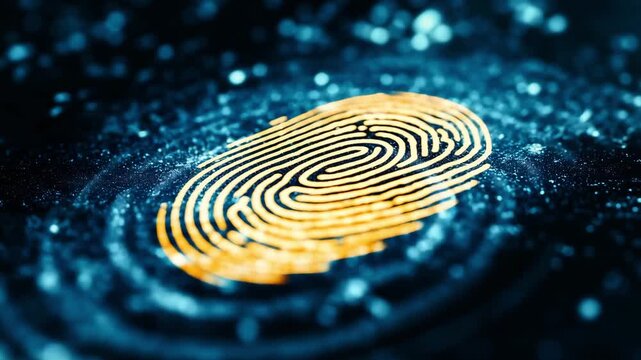 A fingerprint is shown with bright details against a digital background, highlighting its role in identification and security