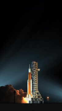 Night launch of an American heavy space rocket carrying a crewed lunar spacecraft, engines igniting with fire and smoke at the launch pad, cinematic realistic 3D animation.