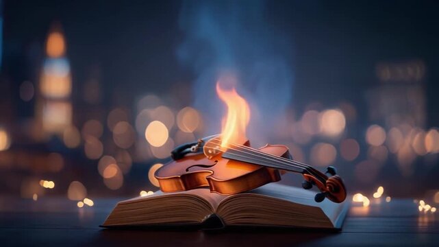 A violin, atop an open book, seemingly on fire, against the backdrop of blurred city lights
