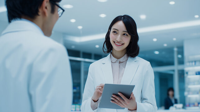 MRの人が病院内でドクターに薬の説明で営業をしている写真