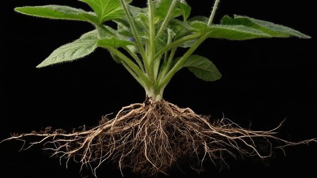 A close-up studio shot showcasing a plant with lush green leaves, white flowers, and exposed roots