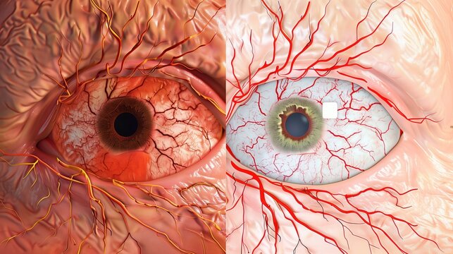 Save Your Vision Month:medical illustration comparing healthy macula versus age-related macular degeneration, fundus photography style, detailed retinal pigment epithelium visualization