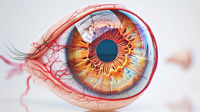 Save Your Vision Month:scientific medical illustration of human eye anatomy in detailed cross-section, showing cornea, iris, lens, retina, optic nerve, vitreous humor, precise anatomical accuracy