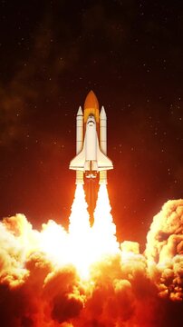Vertical 3D animation of a space shuttle launch at night