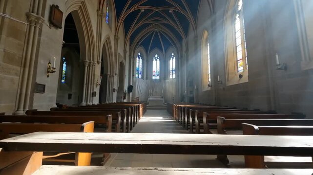 Sunlit interior of a historic church with wooden benches and stained glass windows illuminating the tranquil space