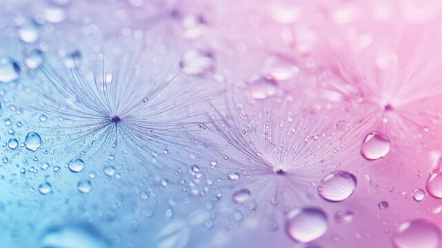Macro shot of dandelion fluff covered in dewdrops, soft gradient background, nature close up, botanical detail, serene texture.