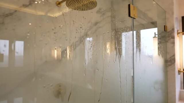 A sleek, modern glass shower cabin filled with steam, indicating a recently used or hot bath.