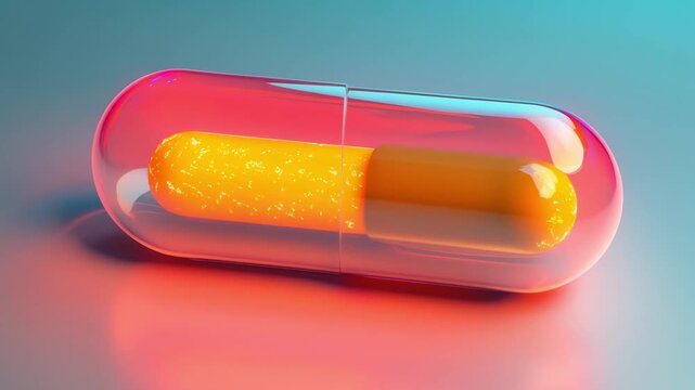 A bright capsule sits on a smooth surface while colorful light reflects off its surface in a studio environment