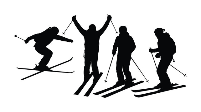 Vector illustration of four skiers in various poses on a white background silhouette