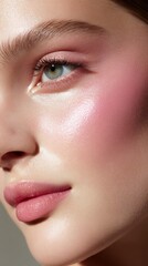 A closeup of glowing, dewy skin highlights radiant beauty. Pink blush, glossy lips, and luminous makeup enhance a fresh, flawless complexion.