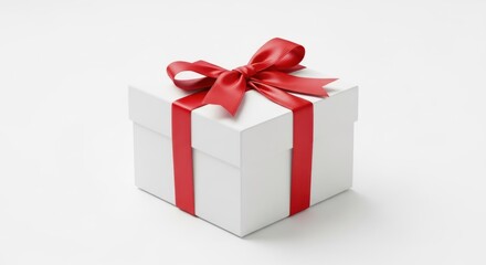 Fototapeta premium Elegant white gift box tied with a vibrant red ribbon and bow against a clean white background. Perfect for holiday and celebration concepts.