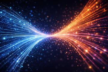 Obraz premium Converging Streams of Luminous Blue and Amber Fiber Optic Trails with Shimmering Data Particles.
