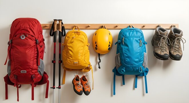 Colorful Outdoor Adventure Gear Collection Organized on a Wall Rack