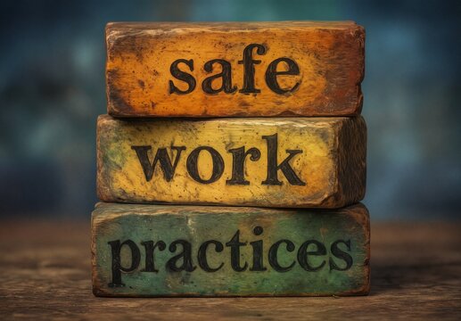 safe work practices concept represented by stacked vintage wooden blocks with text on a rustic wooden table.