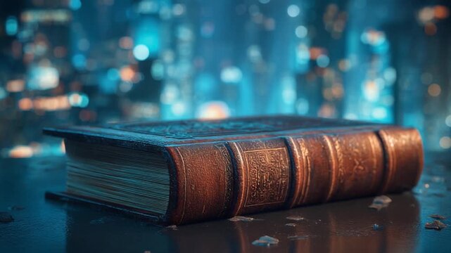 A weathered, leather-bound book rests in the rain. The backdrop features city lights blurred