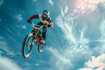 Extreme BMX rider performing a high jump trick against a dramatic sky with motion blur