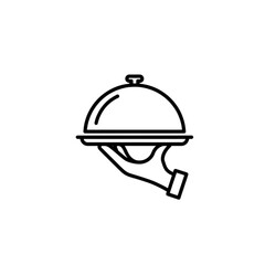 Fototapeta premium A minimalist black and white vector image featuring a hand holding a covered serving tray or cloche, symbolizing hospitality, professional service, and catering logistics