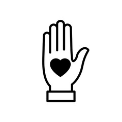 Obraz premium A minimalist black and white vector image featuring an open human palm with a solid heart in the center, symbolizing philanthropy, a helping hand, and compassionate social support