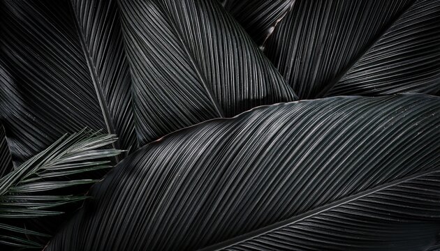 closeup tropical black palm leaves texture and dark tone process abstract nature pattern background