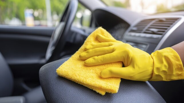 Person wearing yellow gloves cleans car interior with cloth in natural light