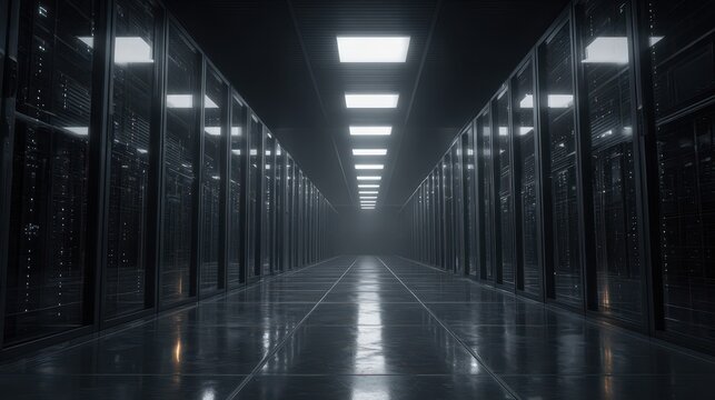 A long, dark server room corridor with rows of glowing server racks.