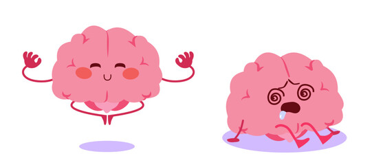Obraz premium Cartoon vector illustration showing two brain characters: one calm and meditating, the other overwhelmed and stressed. Concept for mental health contrast, balance and emotional wellbeing