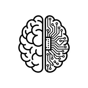 Black & white vector image featuring  human brain where the left side is biological & right side is integrated with circuit board patterns, symbolizing fusion of human & machine intelligence