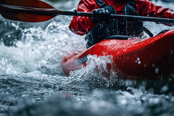 Extreme whitewater kayaking action with splashing water in a mountain river rapids