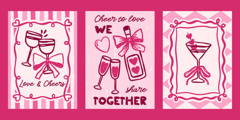 Whimsical Valentines day vector cards set. Vintage retro love print designs with wine glasses, cocktail, drinks,  bows, hearts illustration, romantic quotes in coquette frames