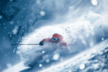 Professional skier carving through deep powder snow on a steep mountain slope with dramatic spray