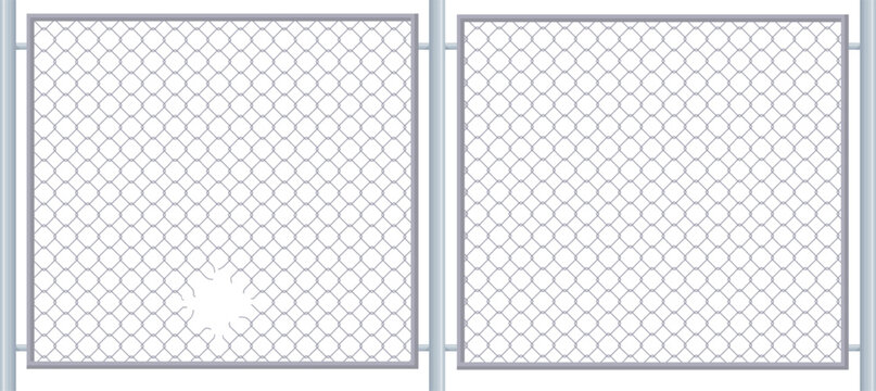 Damaged lattice metal fence. Hole in iron grid