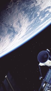 Vertical 3D animation of the space station in Earth orbit with a docked commercial spacecraft