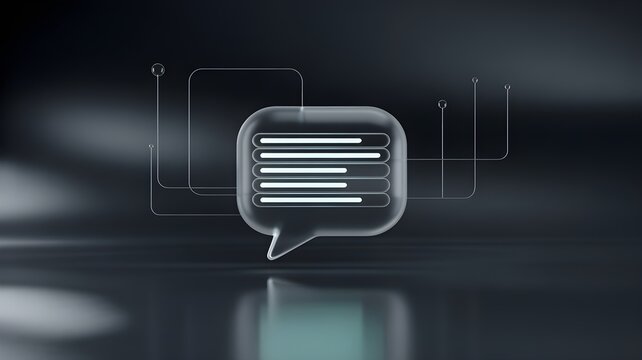 A stylized chat bubble with message line on dark reflective surface symbolizing conversation design and conversational interface planning.